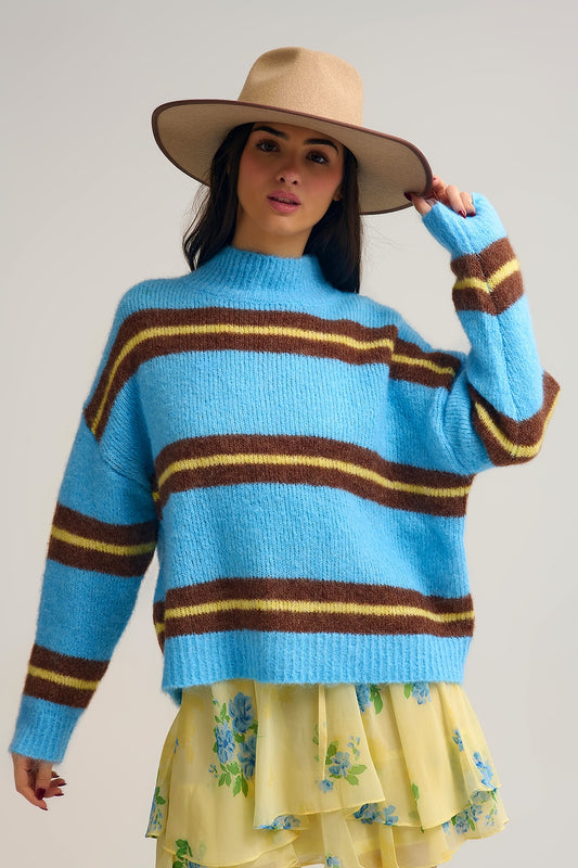 Blue Striped Knitted Sweater with Brown and Yellow Accents - Sweaters