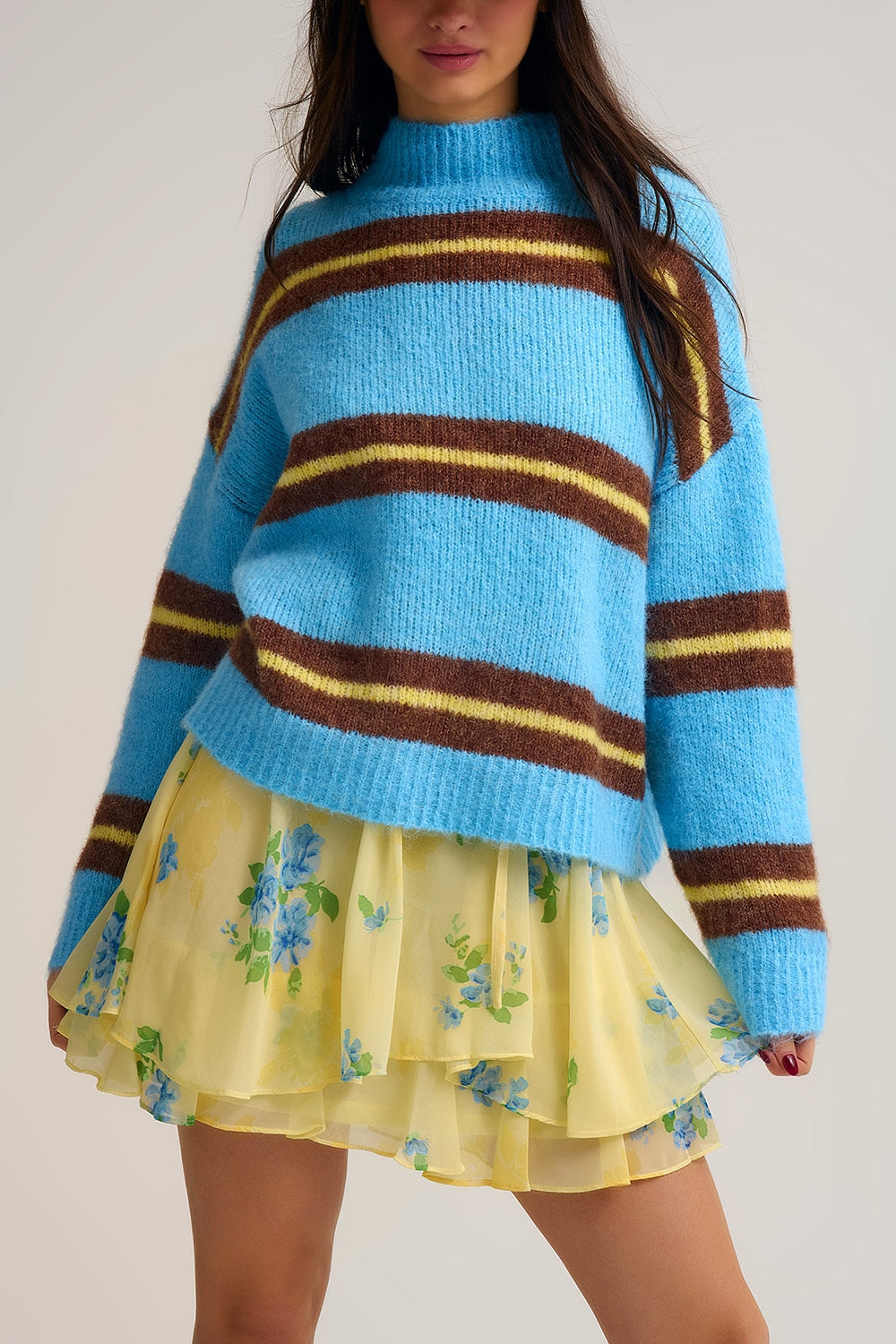 Blue Striped Knitted Sweater with Brown and Yellow Accents - Sweaters