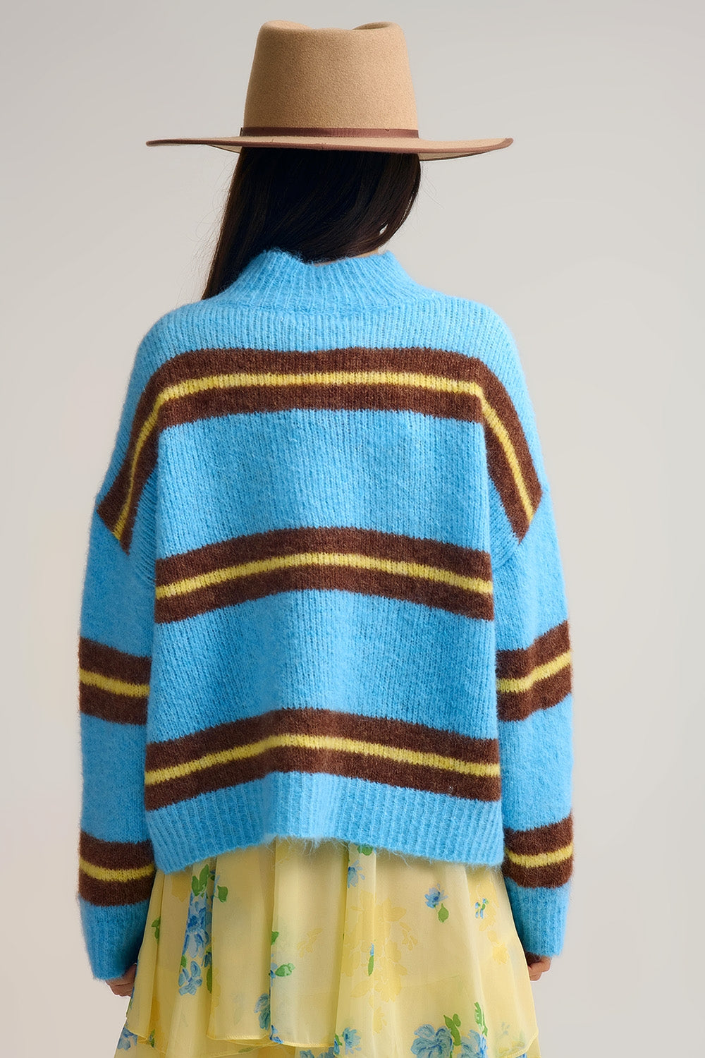 Blue Striped Knitted Sweater with Brown and Yellow Accents - Sweaters