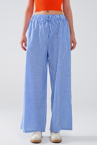 Blue Striped Pants with Elastic Waist and Pockets