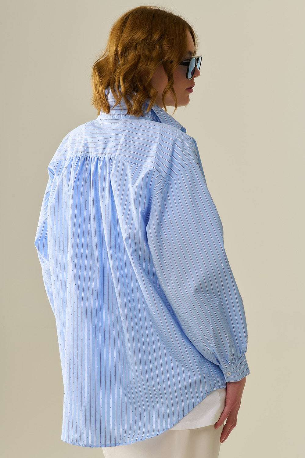 blue striped poplin shirt embellished with strass - Shirts