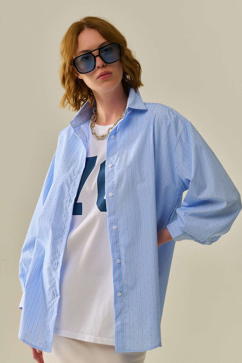 blue striped poplin shirt embellished with strass - Shirts