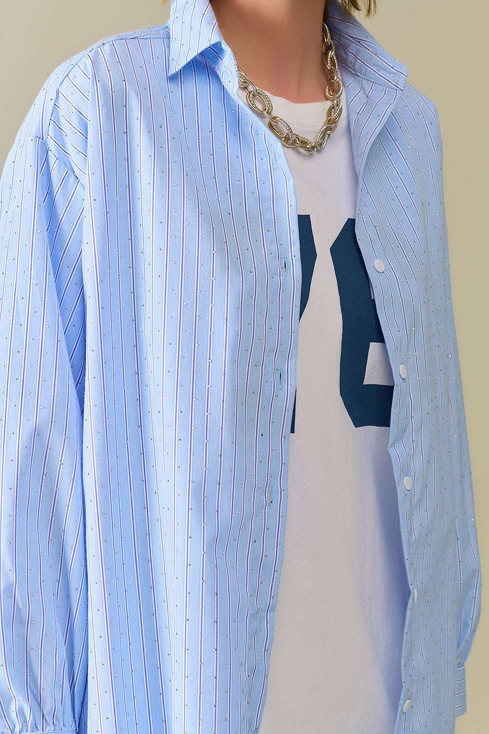 blue striped poplin shirt embellished with strass - Shirts