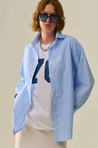 blue striped poplin shirt embellished with strass