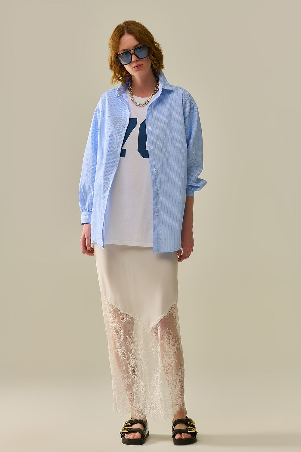 blue striped poplin shirt embellished with strass - Shirts