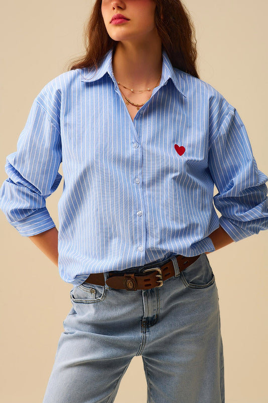 Blue Striped shirt with red heart embroidery - Shirts