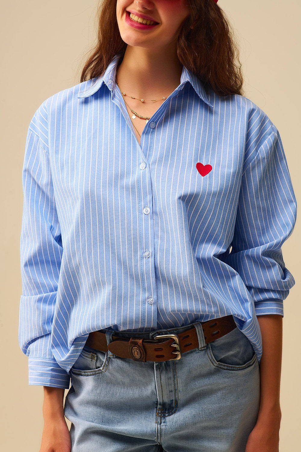 Blue Striped shirt with red heart embroidery - Shirts