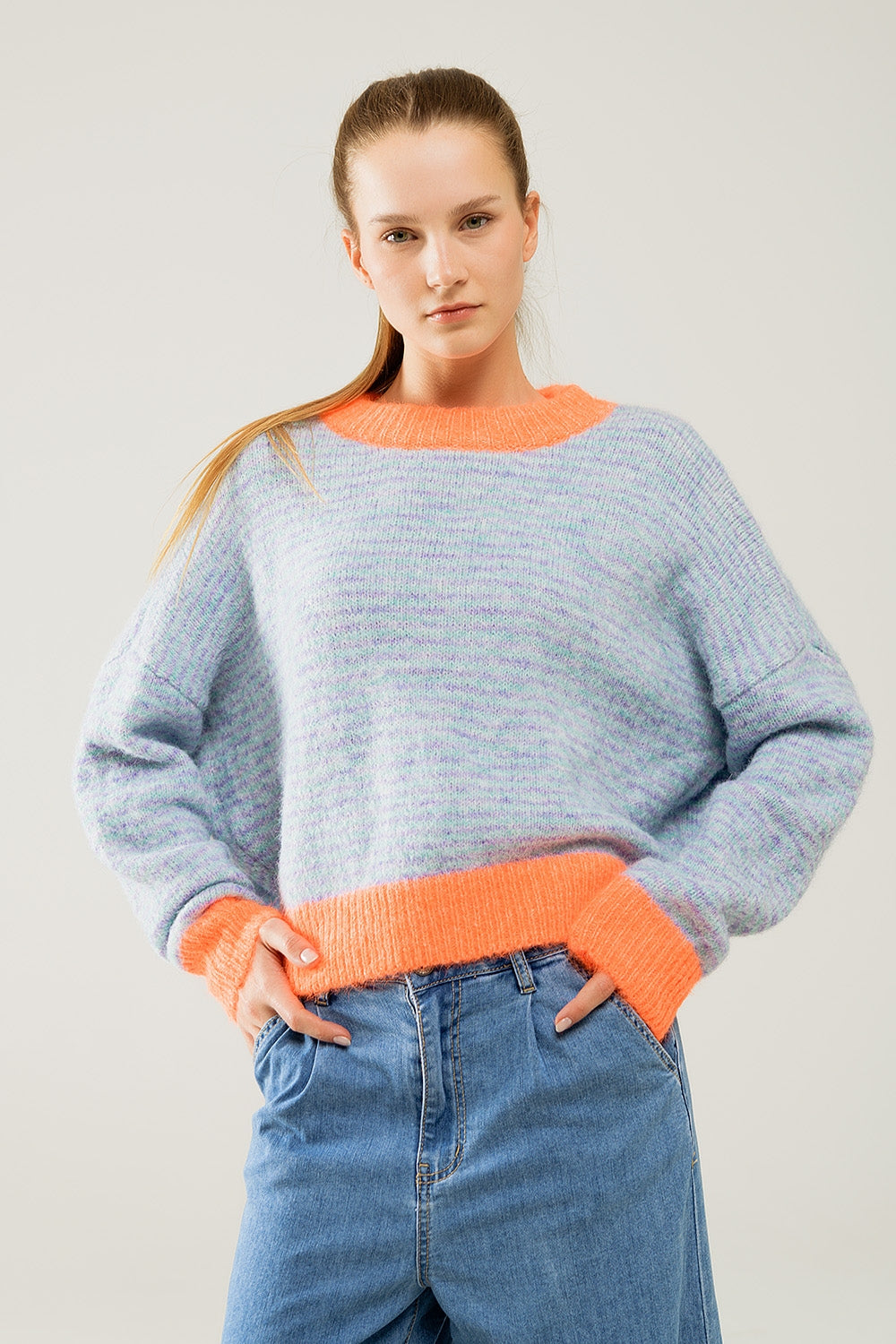 Oversized light blue/orange knit sweater - Jumpers