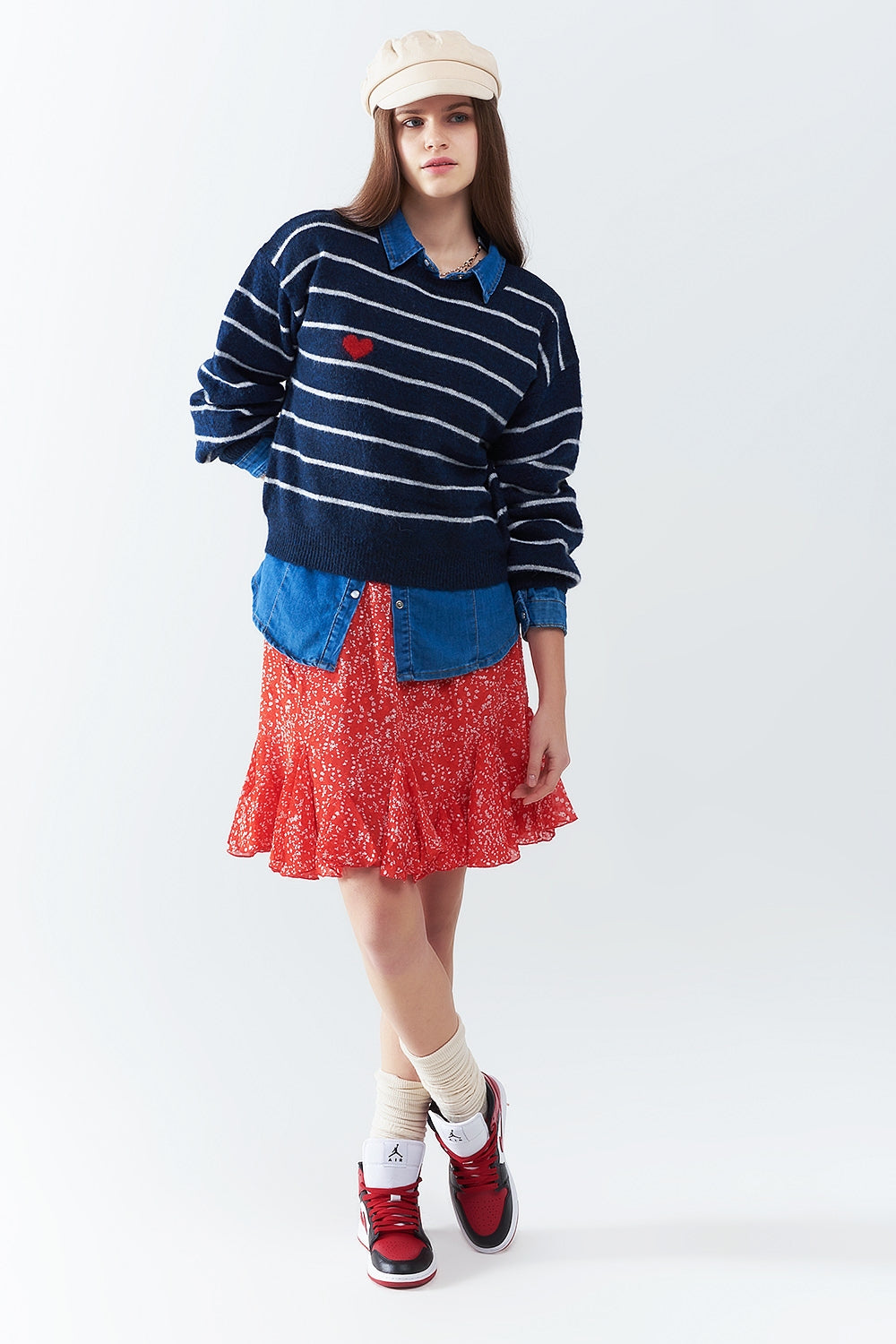 Blue striped sweater with red heart detail - Jumpers