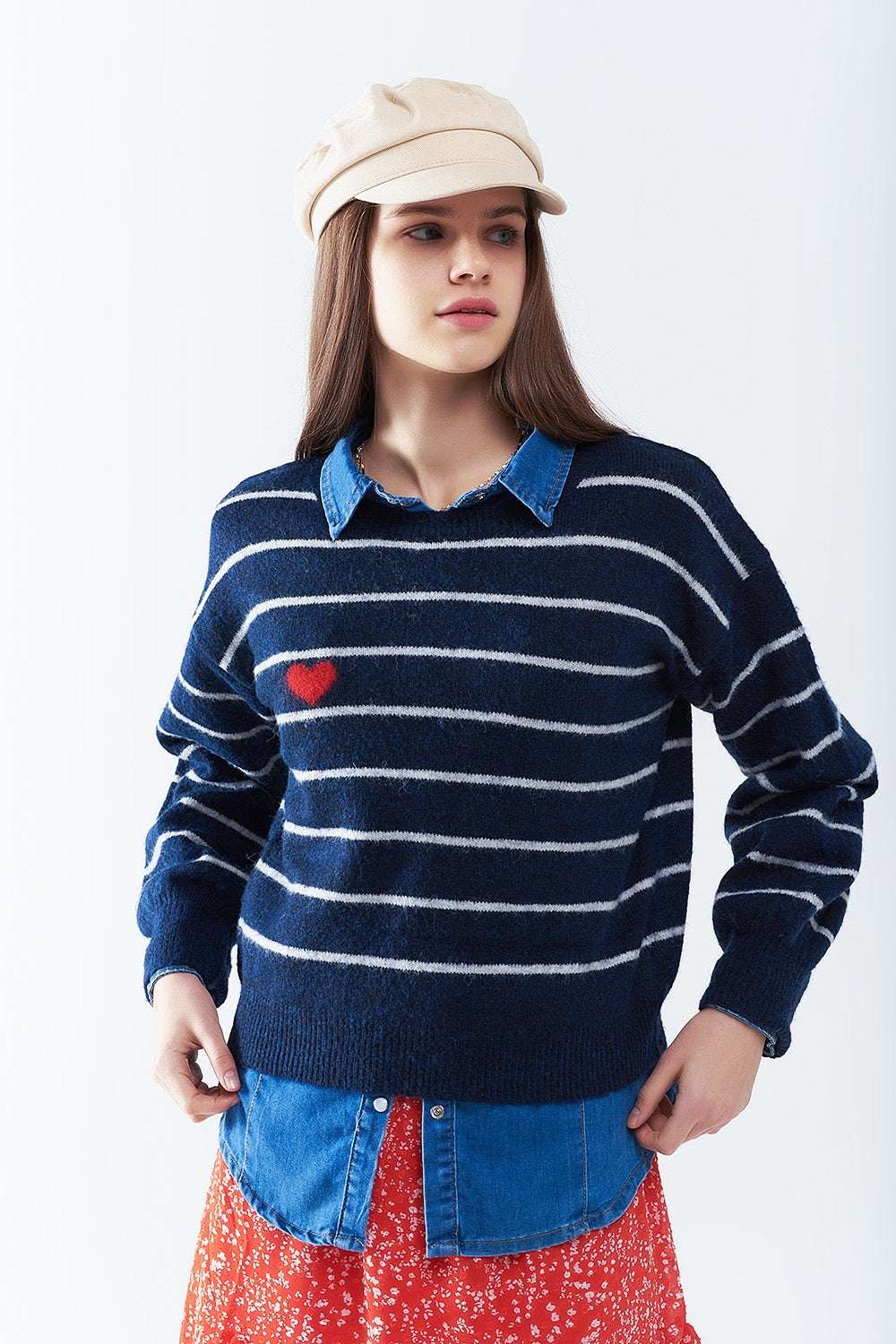 Blue striped sweater with red heart detail - Jumpers