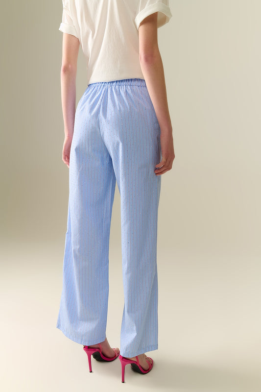 Blue Striped wide Leg Pants With strass Embellishment - Trousers