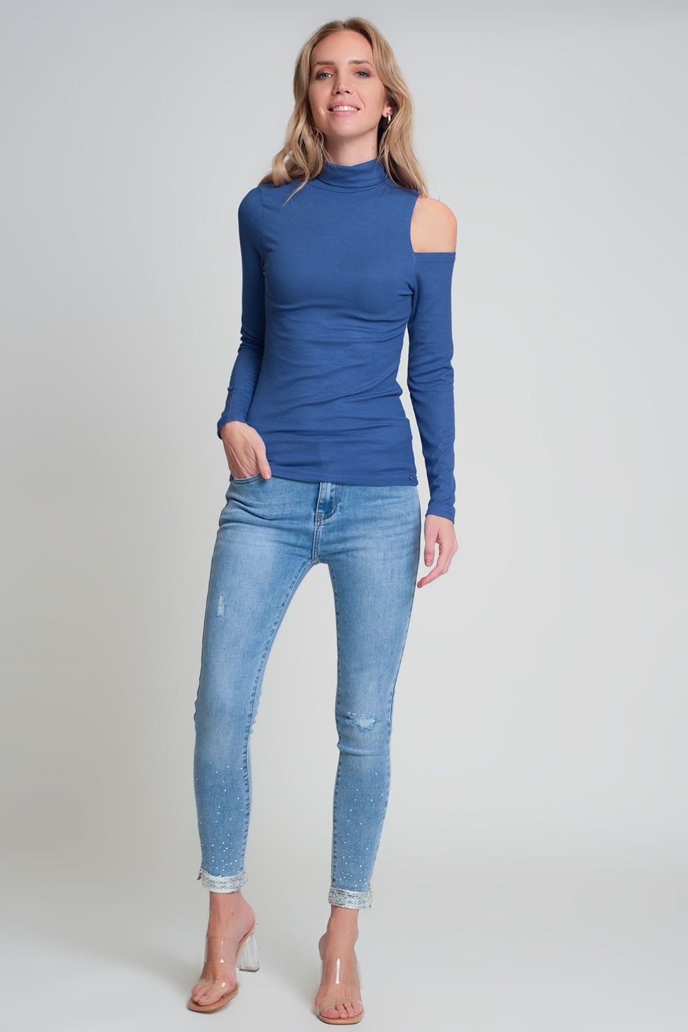 Blue sweater with one open shoulder and high neck - Jumpers