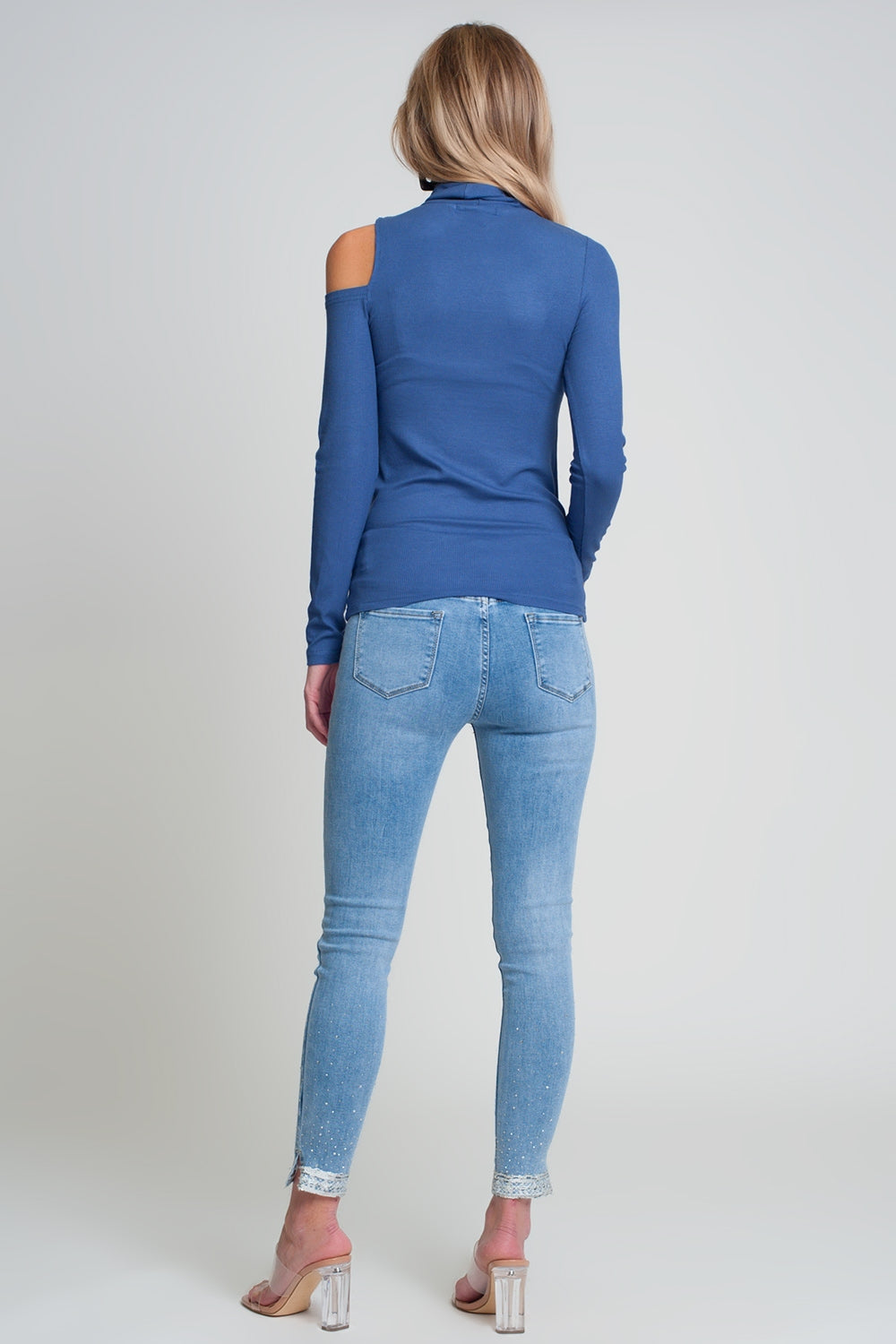 Blue sweater with one open shoulder and high neck - Jumpers