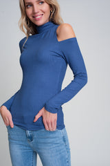 Blue sweater with one open shoulder and high neck