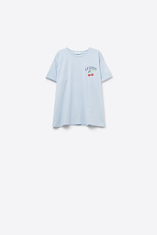 Blue T-shirt with La Cerise Market Saint-Tropez graphic