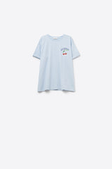 Blue T-shirt with La Cerise Market Saint-Tropez graphic
