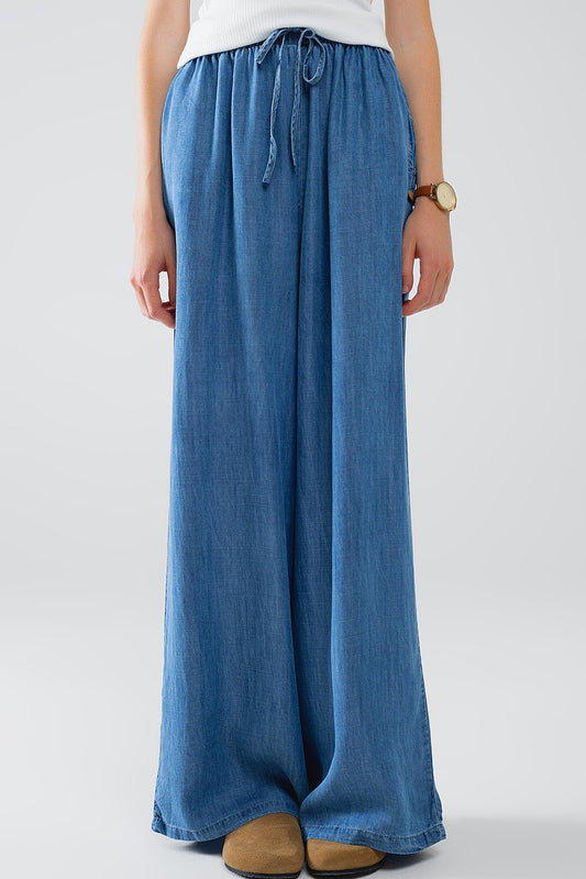 Blue tencel Denim-Style Wide-Leg Fluid Pants - Trousers