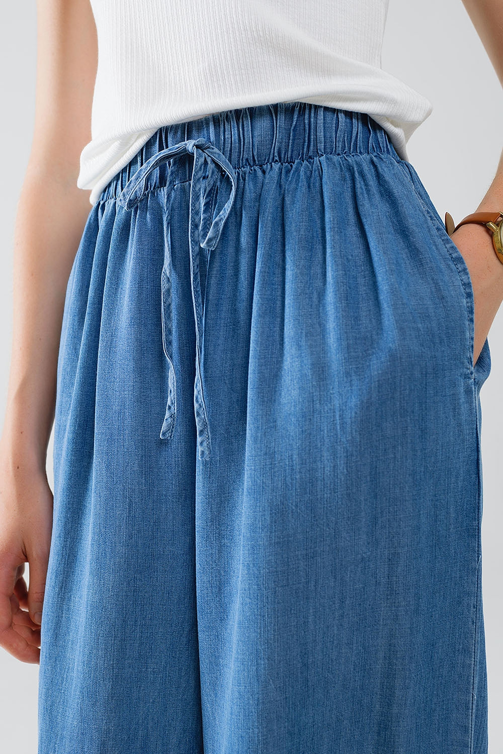 Blue tencel Denim-Style Wide-Leg Fluid Pants - Trousers
