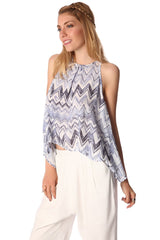 Blue top with dip back in zig zag print