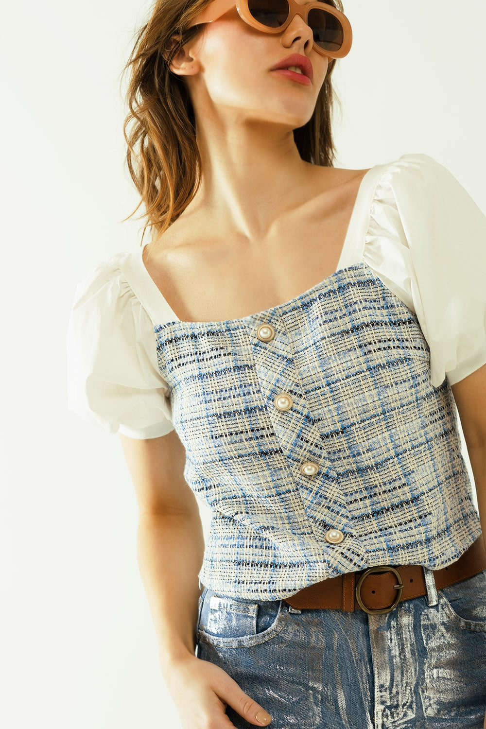 Blue Tweed top with voluminous short sleeves and pearl buttons - Tops