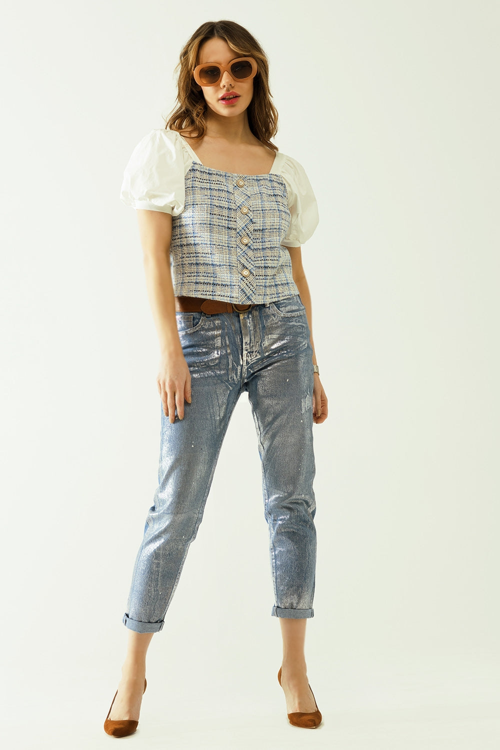 Blue Tweed top with voluminous short sleeves and pearl buttons - Tops
