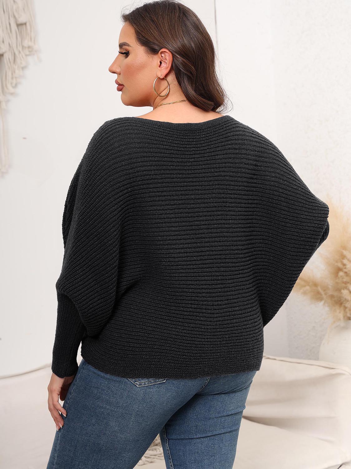 Full Size Boat Neck Batwing Sleeve Sweater - Sweaters