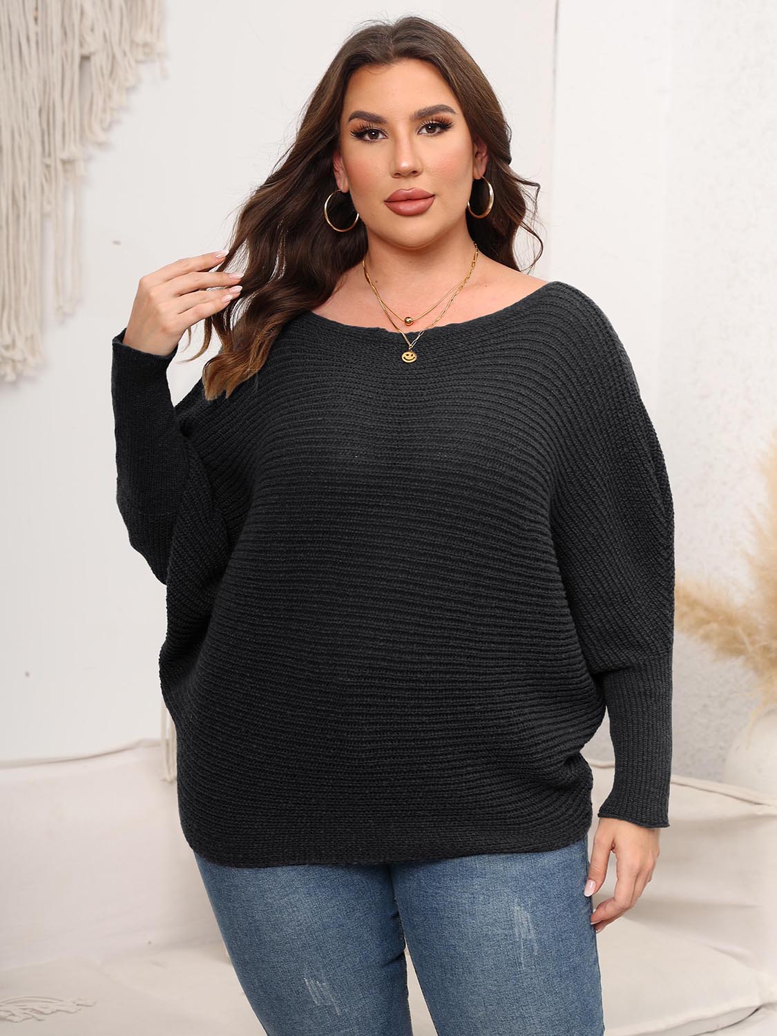 Full Size Boat Neck Batwing Sleeve Sweater Black - Sweaters