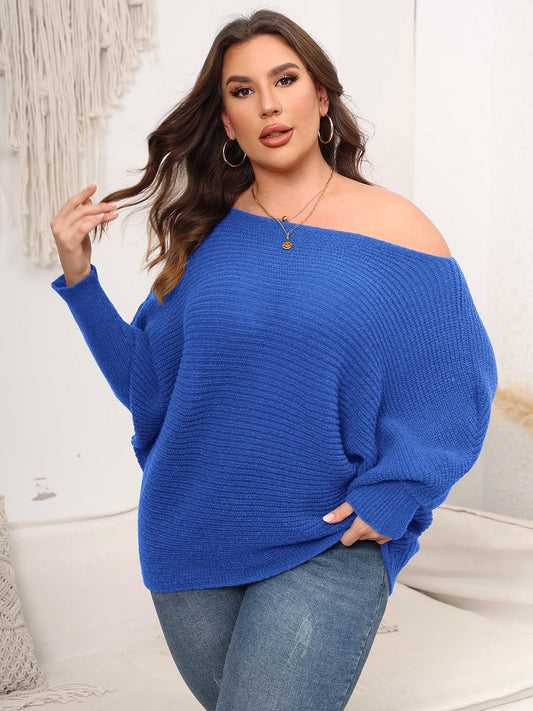 Full Size Boat Neck Batwing Sleeve Sweater Royal Blue - Sweaters