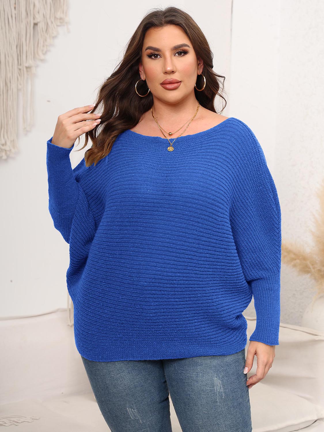 Full Size Boat Neck Batwing Sleeve Sweater - Sweaters