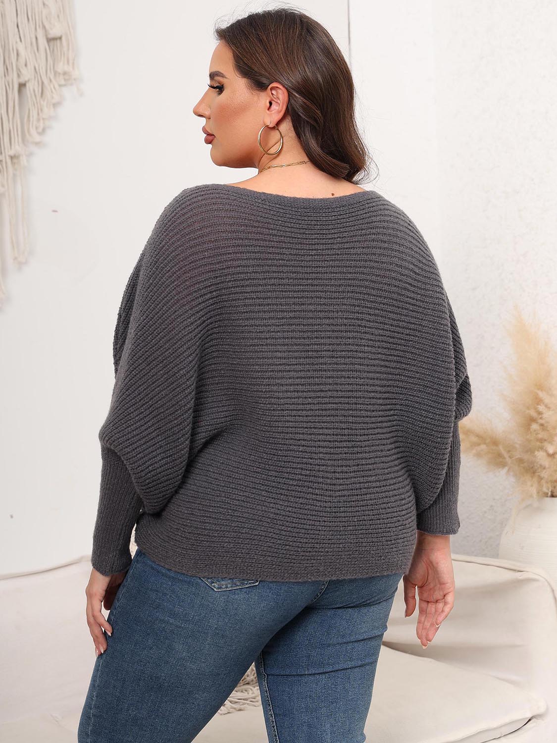 Full Size Boat Neck Batwing Sleeve Sweater - Sweaters