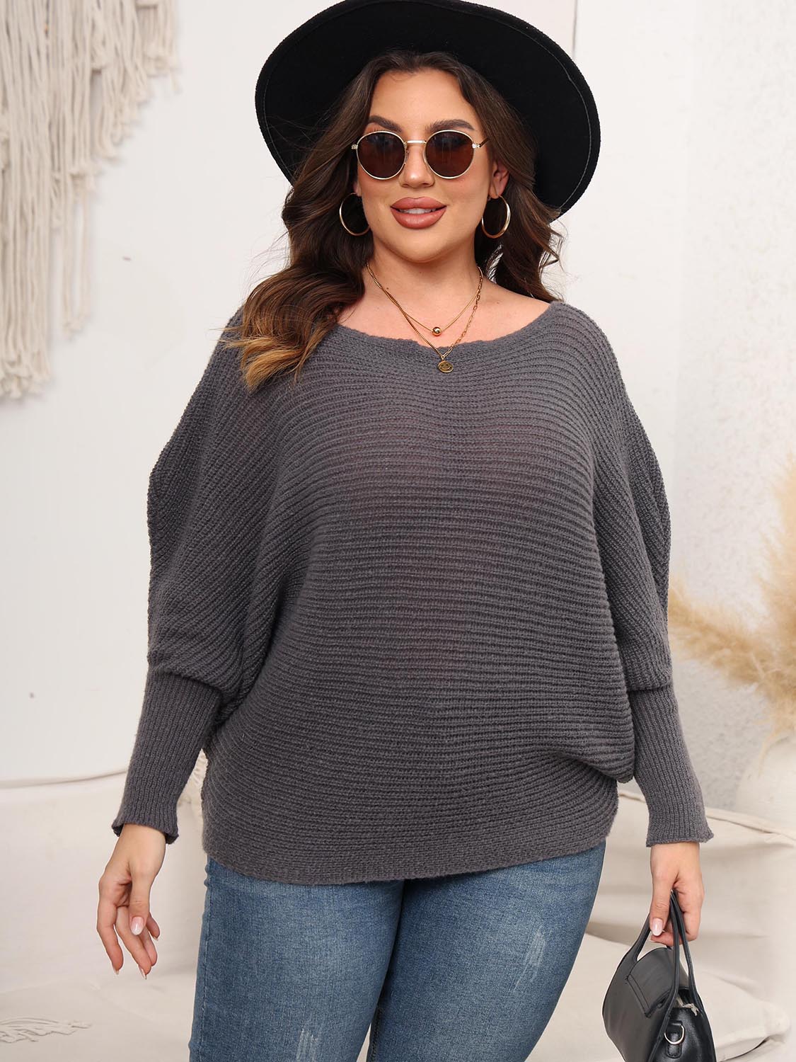 Full Size Boat Neck Batwing Sleeve Sweater Charcoal - Sweaters
