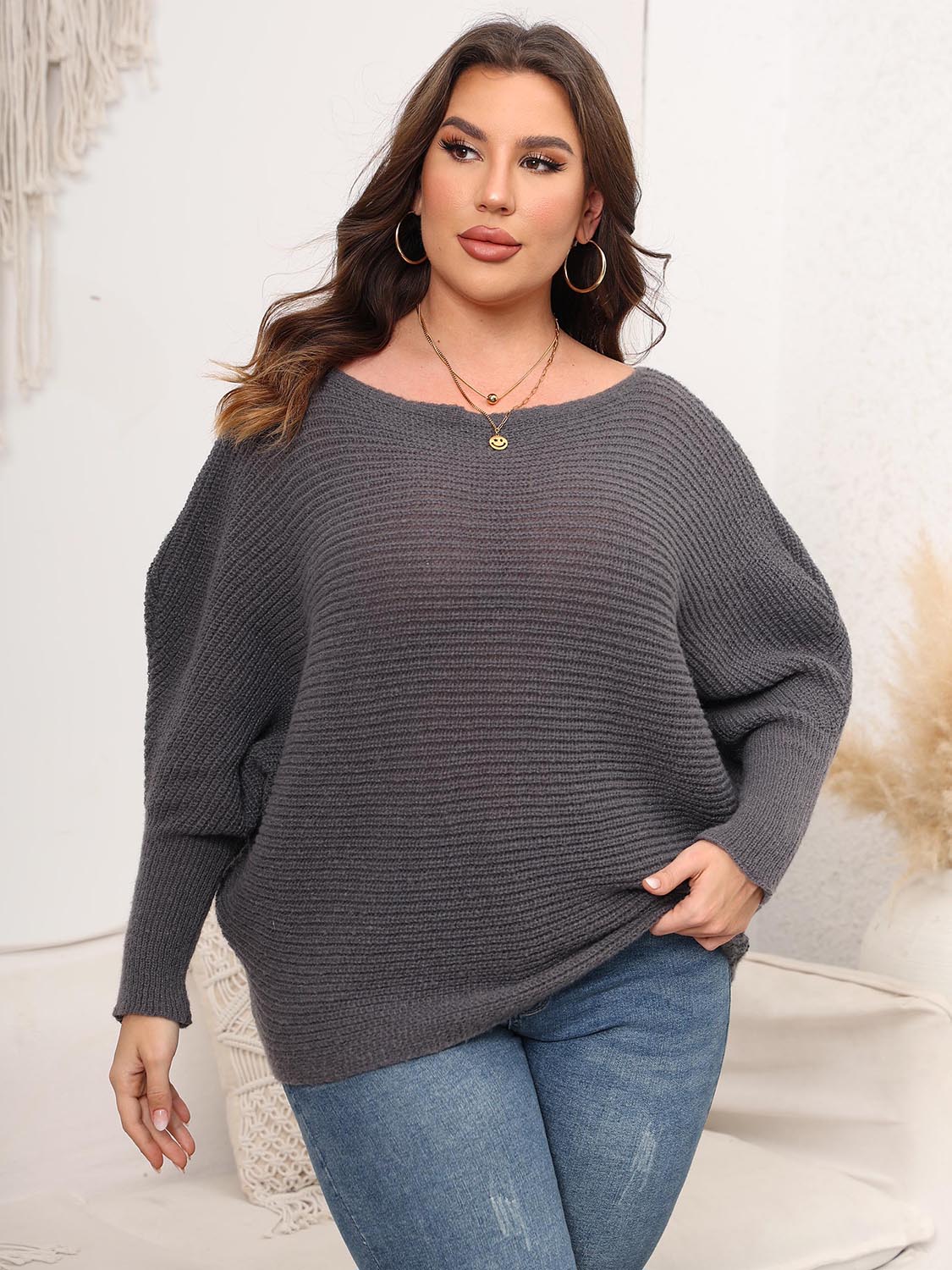 Full Size Boat Neck Batwing Sleeve Sweater - Sweaters