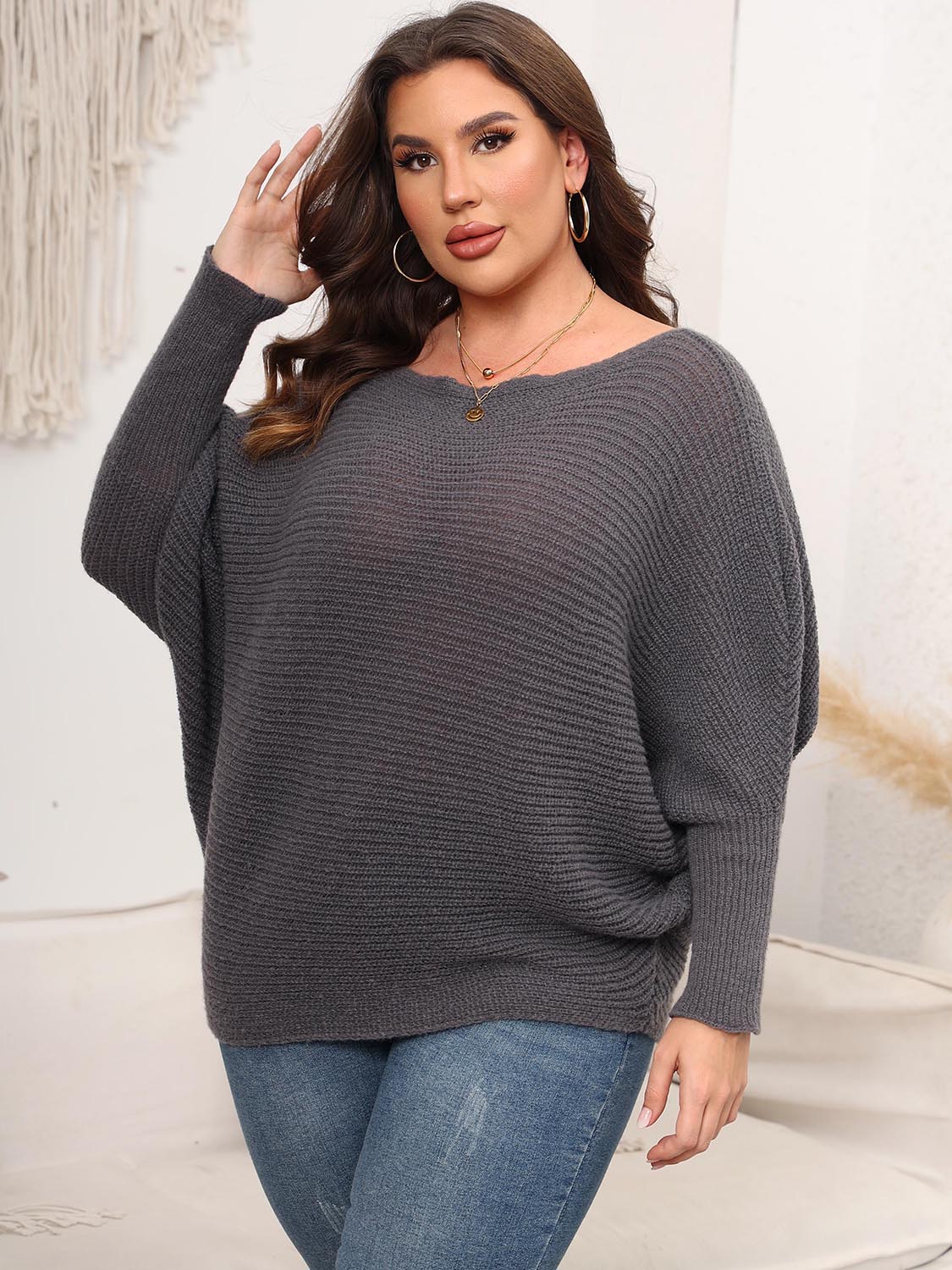 Full Size Boat Neck Batwing Sleeve Sweater - Sweaters