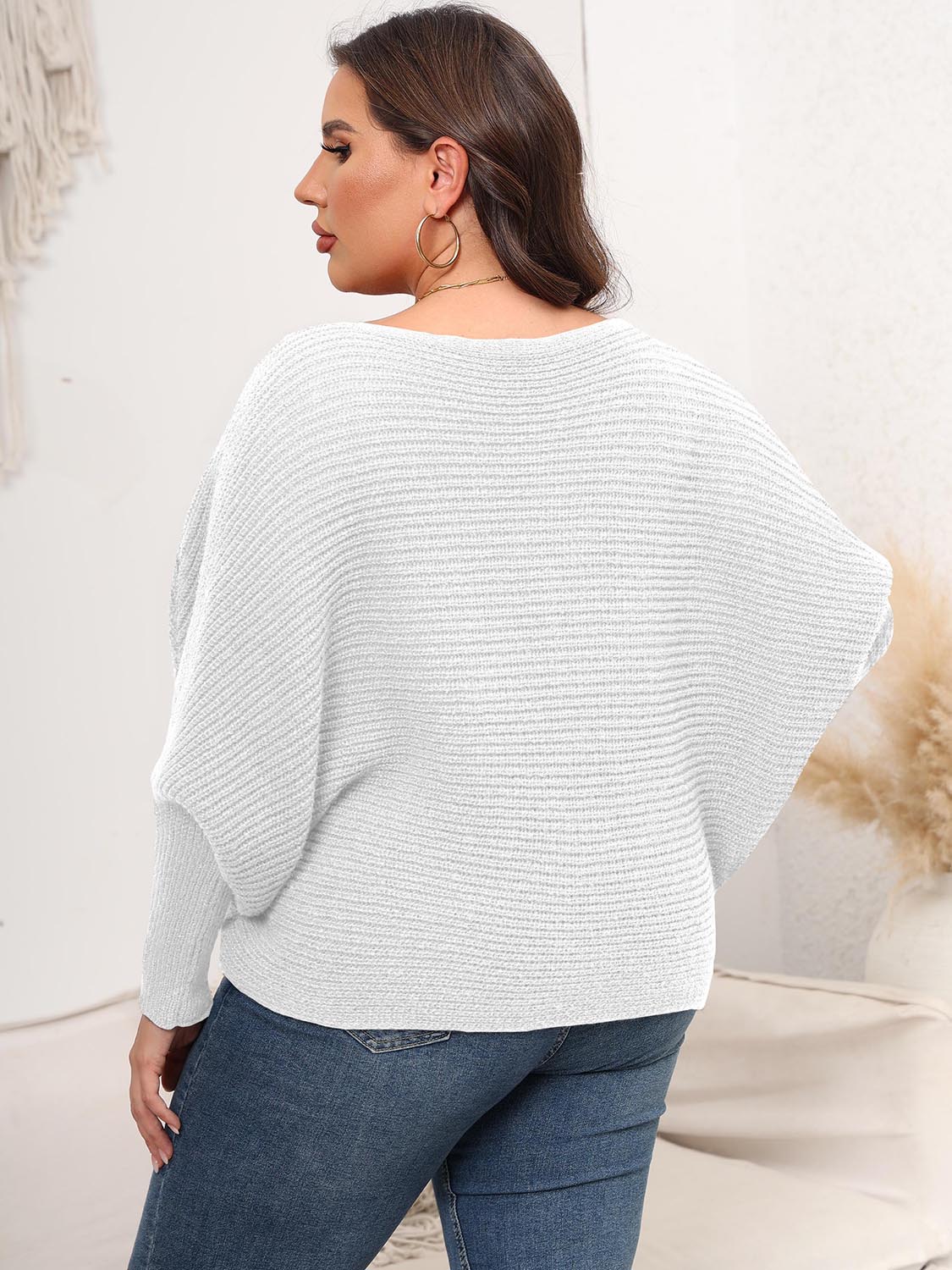 Full Size Boat Neck Batwing Sleeve Sweater - Sweaters