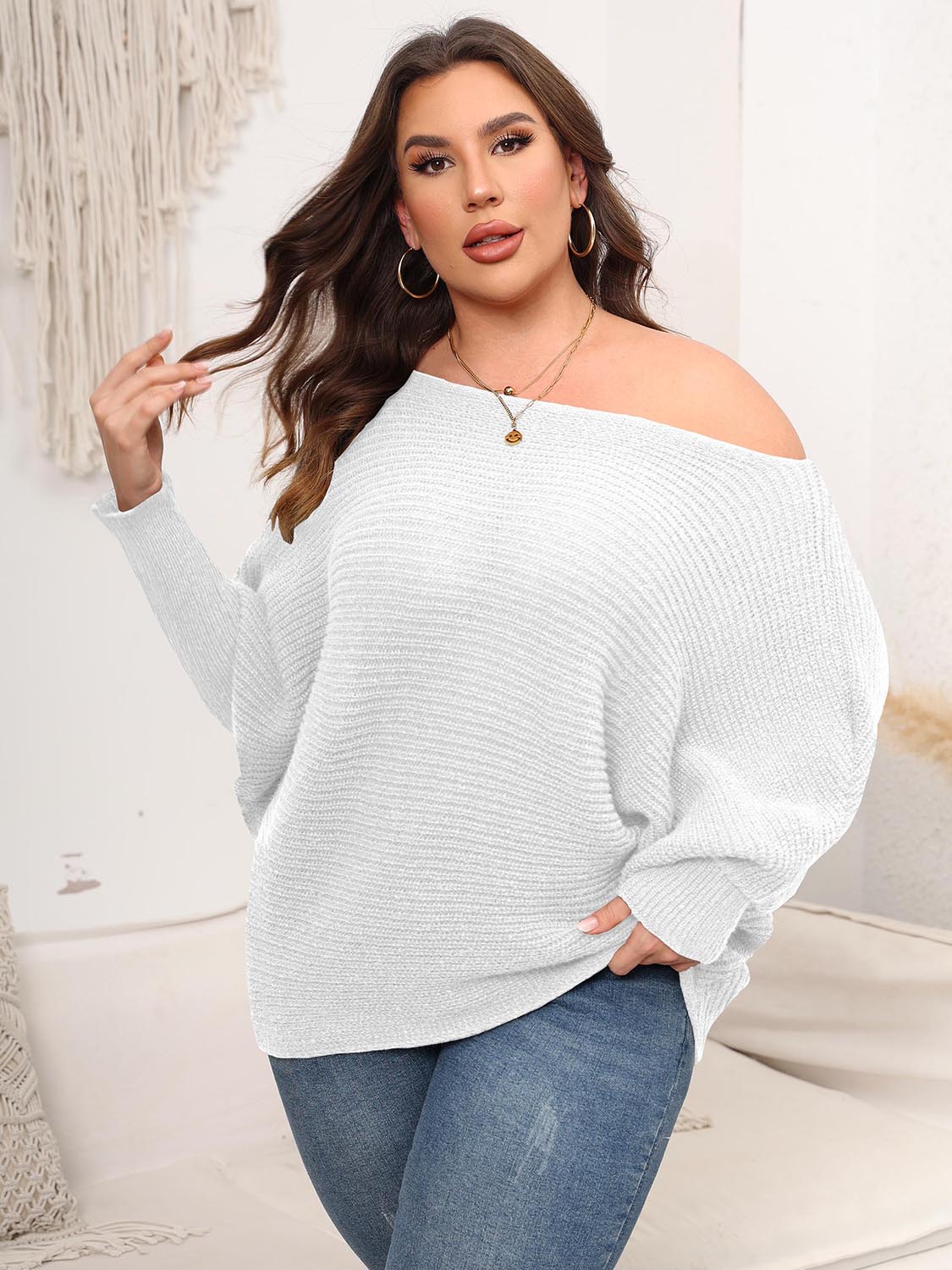Full Size Boat Neck Batwing Sleeve Sweater White - Sweaters