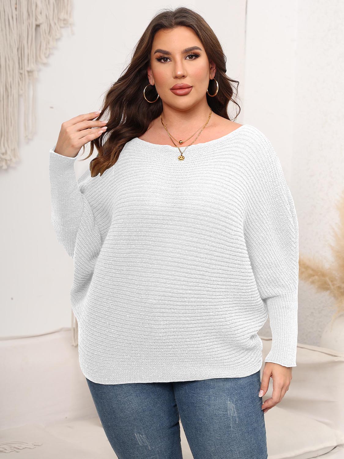 Full Size Boat Neck Batwing Sleeve Sweater - Sweaters