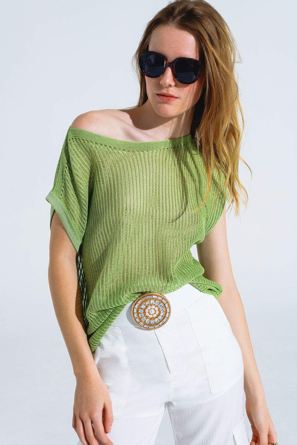 Boat Neck Ribbed Sweater With Cap Sleeves in Green - T-shirts