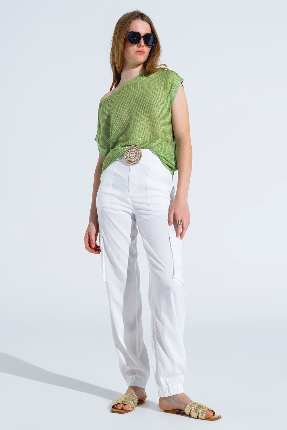 Boat Neck Ribbed Sweater With Cap Sleeves in Green - T-shirts