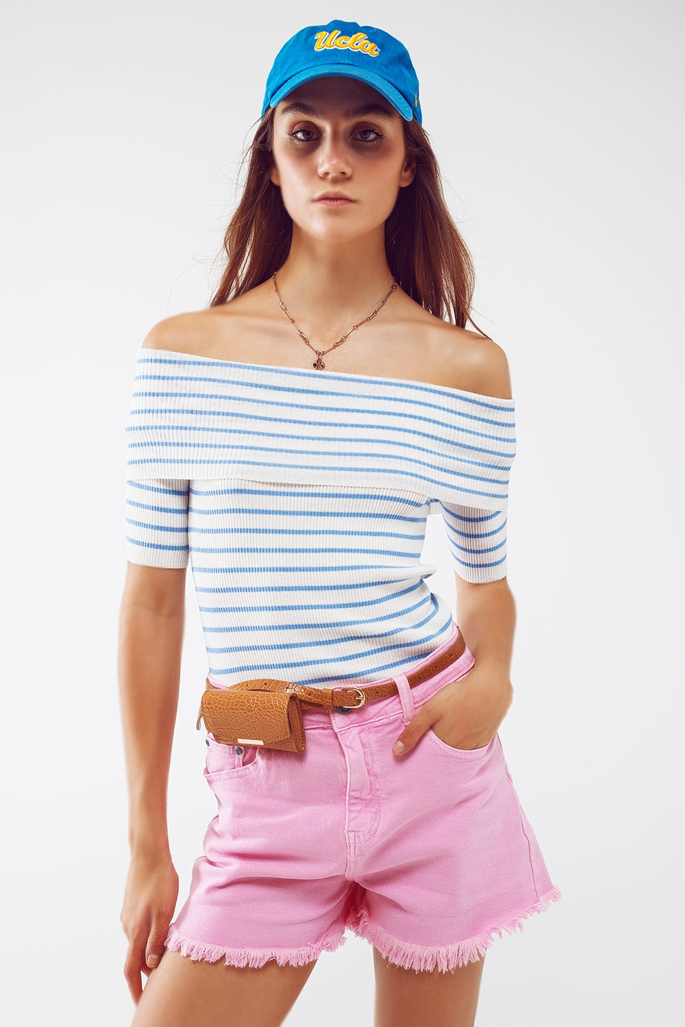 Boatneck Striped 3/4 Sleeve Shirt in Blue - T-shirts