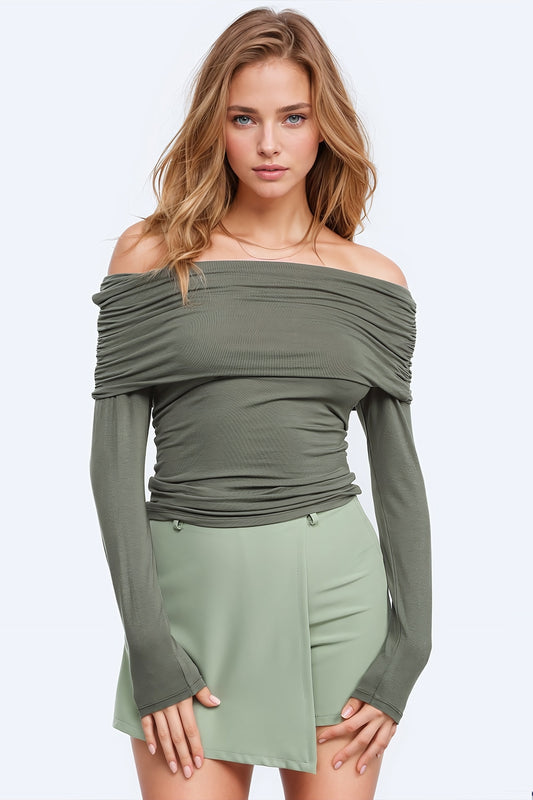 Bodycon Off Shoulder Top In Green khaki - Tops
