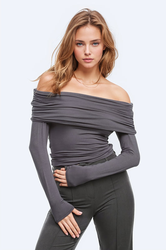 Bodycon Off Shoulder Top In Grey - Tops