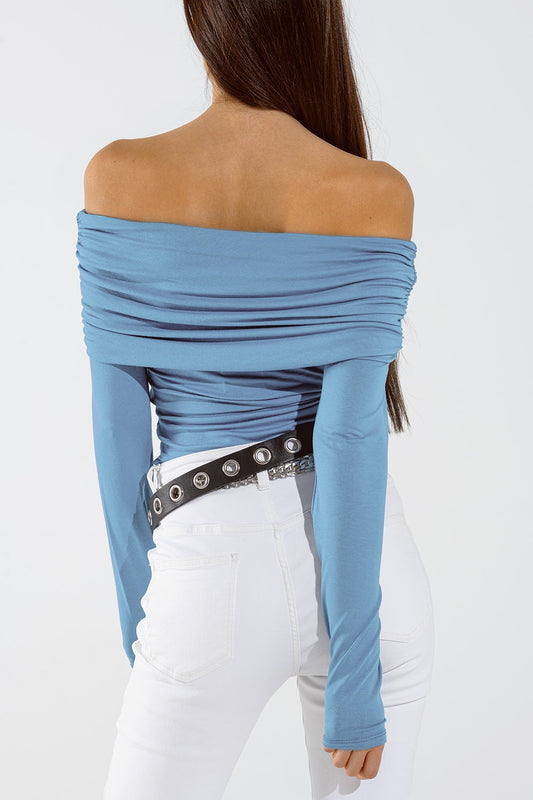 Bodycon Off Shoulder Top In Light Blue - Tops