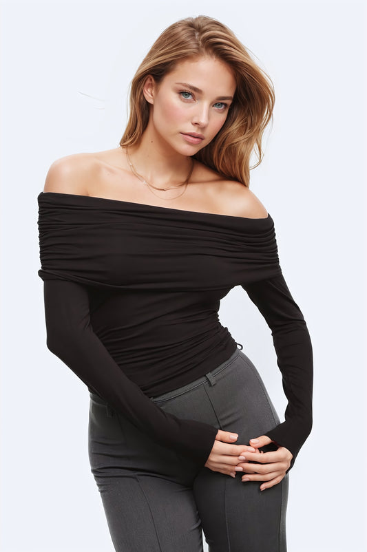 Bodycon Off Shoulder viscose Top In Black - Tops