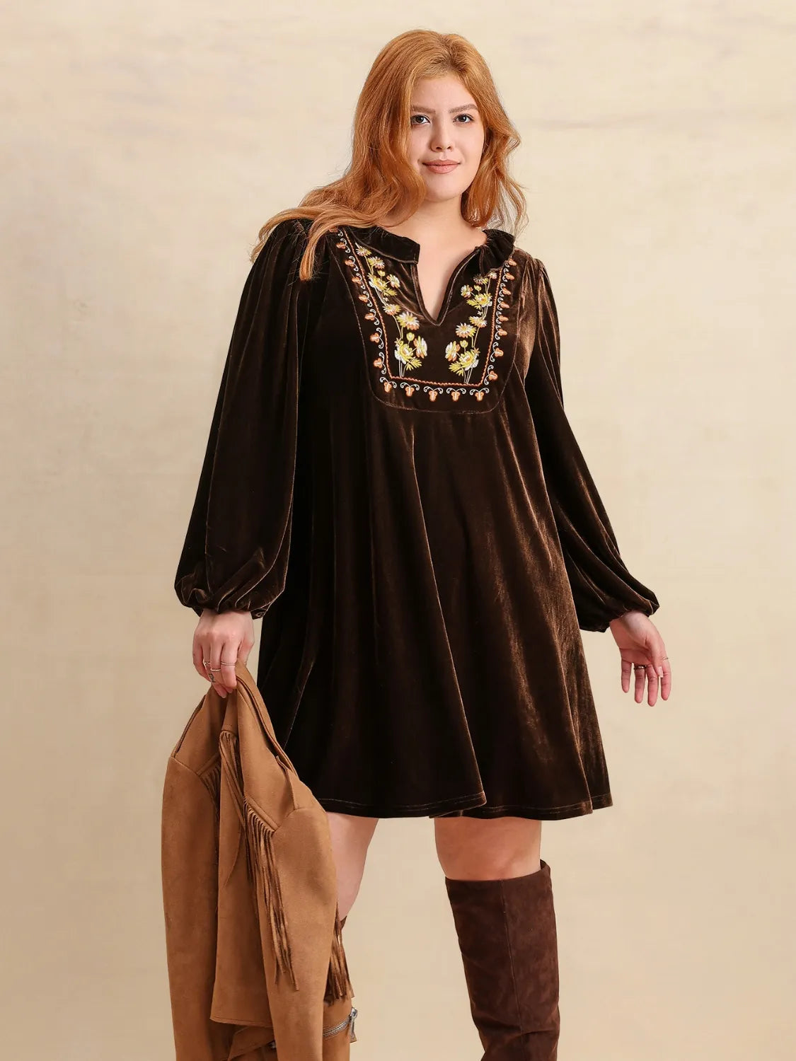 Boho Chic Plus Size Dress with Floral Embroidery - Dresses