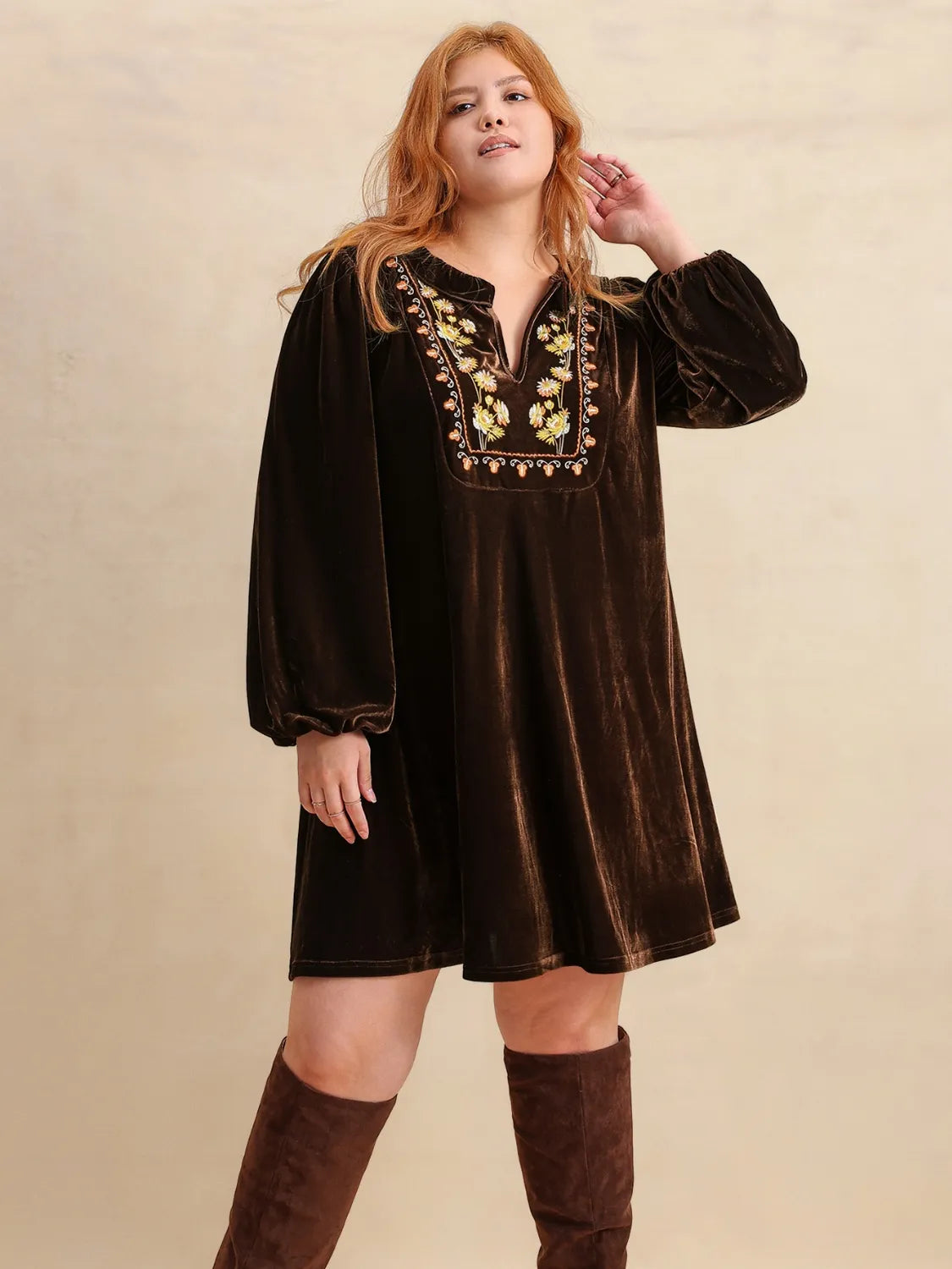 Boho Chic Plus Size Dress with Floral Embroidery - Dresses