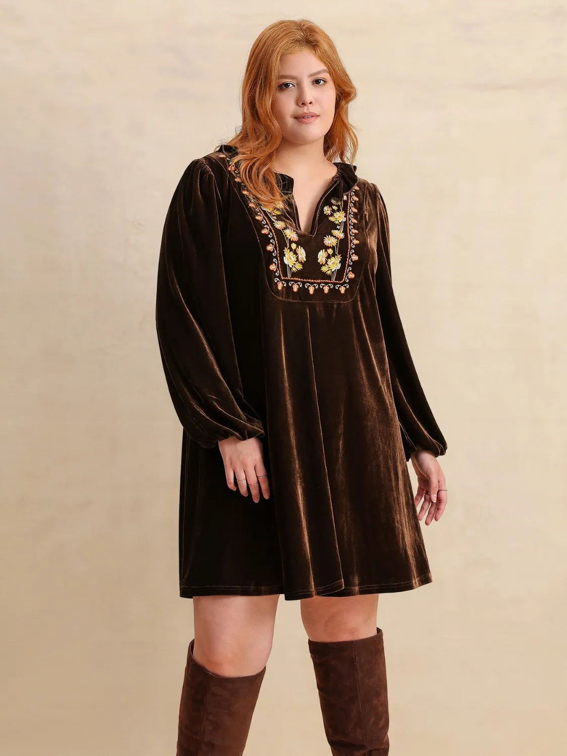 Boho Chic Plus Size Dress with Floral Embroidery - Dresses