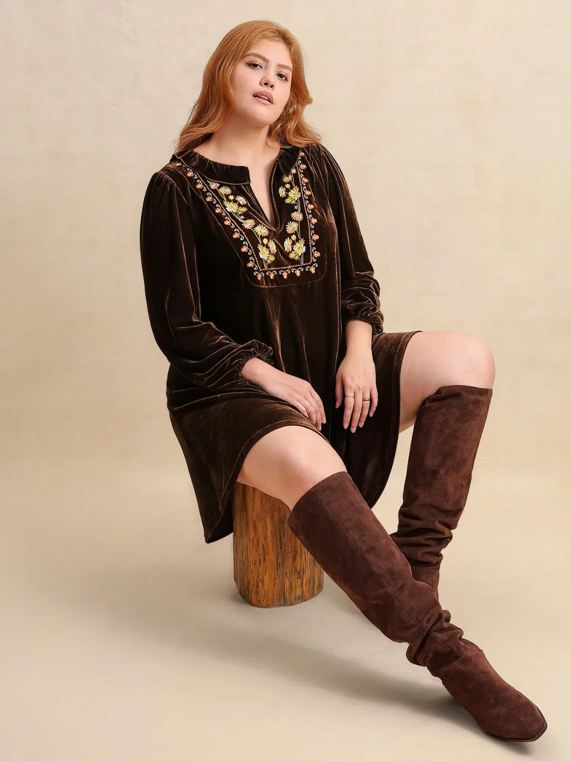 Boho Chic Plus Size Dress with Floral Embroidery - Dresses