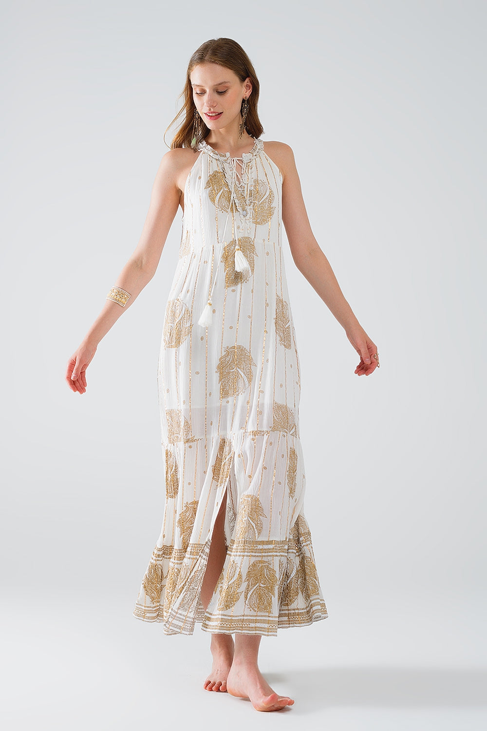 boho maxi chiffon dress with gold flower print - Dresses