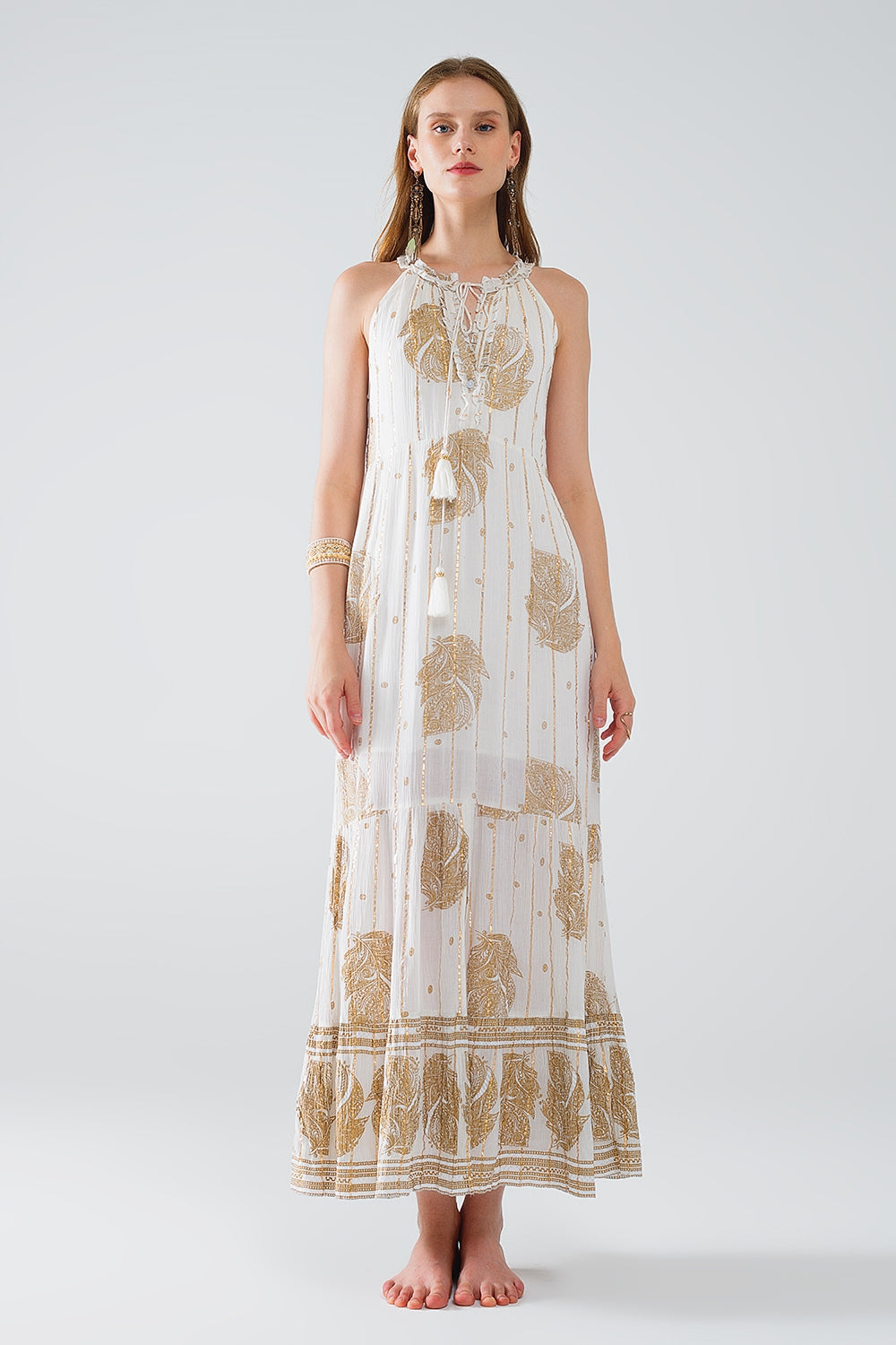 boho maxi chiffon dress with gold flower print - Dresses