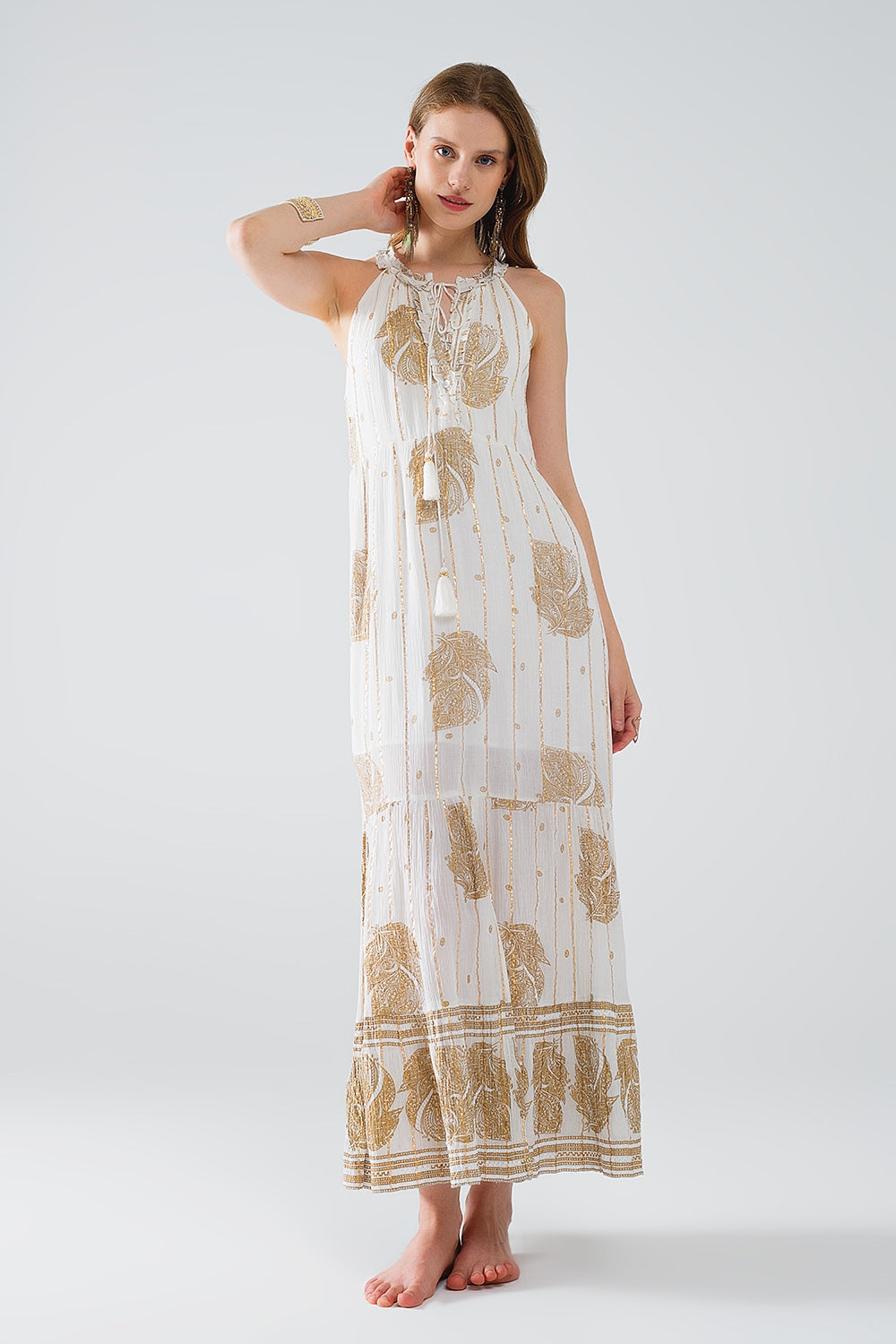 boho maxi chiffon dress with gold flower print - Dresses